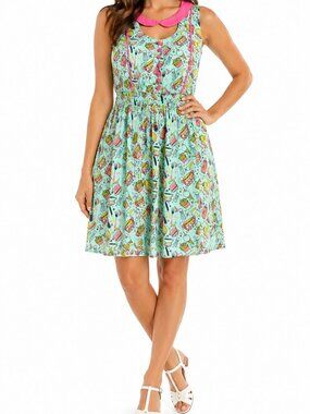 Sourpuss Retro Diner Print Dress Mint Pink Collar Rockabilly Size M
